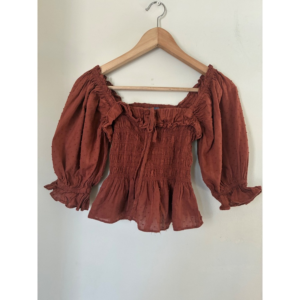 Indigo Rising Rust Brown Fall Smocked Peplum Top Swiss Dot Puff Sleeve Blouse M